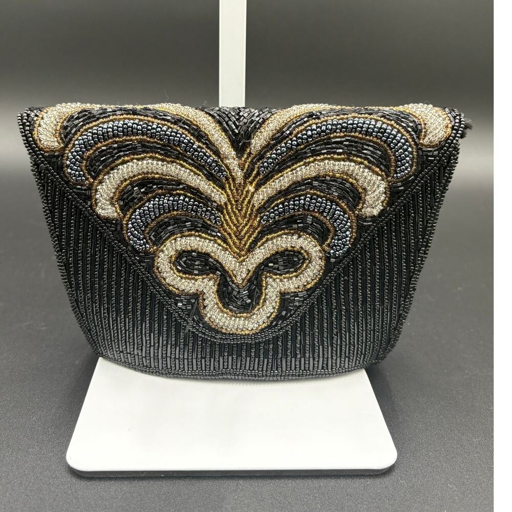 Vintage Magid Beaded Clutch Purse Black Gold Silver Art Deco Evening Bag